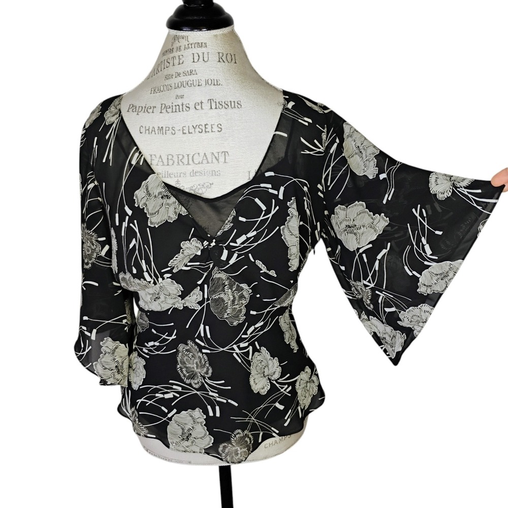 Vtg Ann Taylor Loft Floral Blouse Top 10P Black Flare Sleeve Boho Whimsigoth